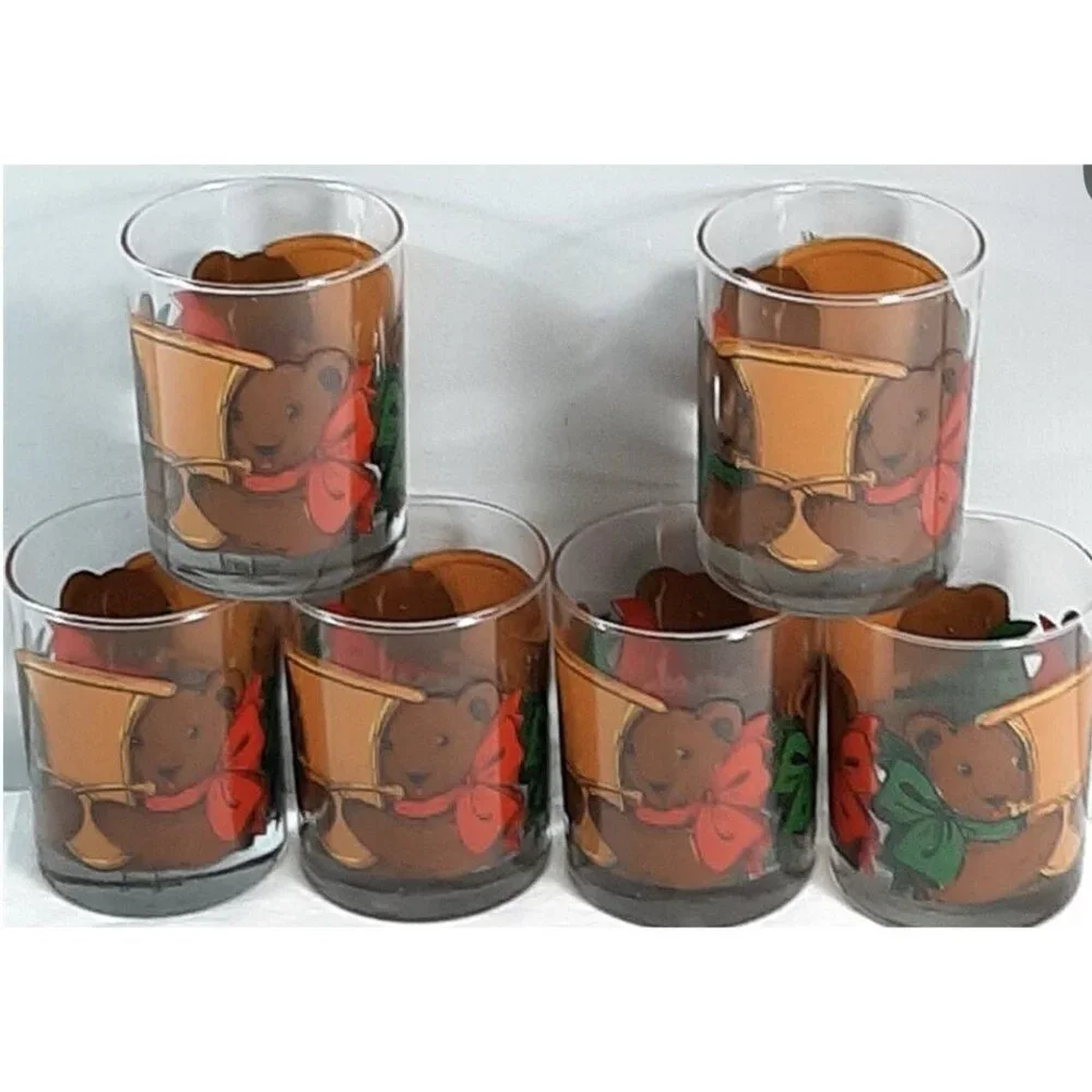 Vintage Neiman Marcus Christmas Holiday Teddy Bear Glasses Set of 6